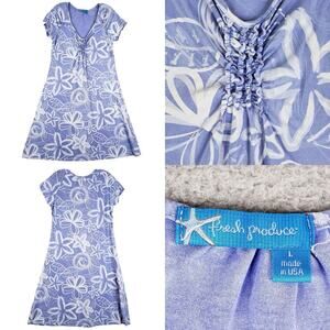 Fresh Produce Dress Sheath Blue Floral Ruched Neckline Women’s Size Large L